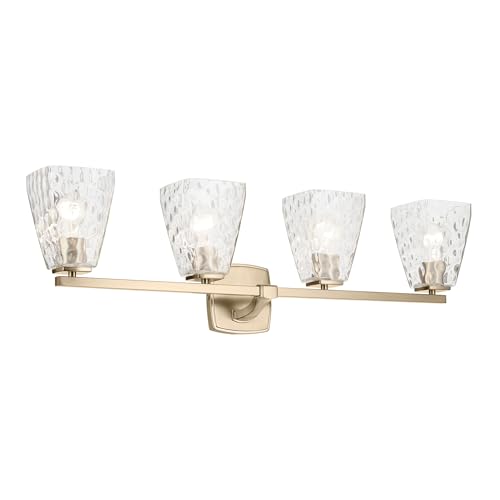 Image of Kichler Marant 4-Light Bathroom Vanity Light Fixture with Clear Water Glass in Champagne Bronze for Over Mirror, Modern Wall Mount Lighting (33.25 inch x 9.5 inch x 6.75 inch), 55217CPZWTR