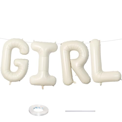 Image of 40 Inch Cream Girl Balloons, Large Beige Neutral Letters With Ribbon, Ivory White Sand for Her Birthday Baby Shower or Gender Reveal Party Decoration Supplies