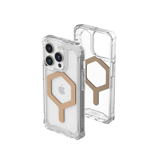 URBAN ARMOR GEAR UAG Schutzhülle kompatibel mit iPhone 15 Pro, 15,5 cm (6,1 Zoll), Plyo Ice/Gold, eingebauter Magnet, kompatibel mit MagSafe-Aufladung, robuste, vergilbungsfreie, transparente,