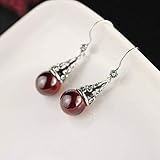 Material: plata LOt Pendiente de Gota para Mujer, Pendientes de Joyería de Plata Esterlina S925, Pendientes Rojos Granate Tallados Huecos para Mujergranate, Plata 925