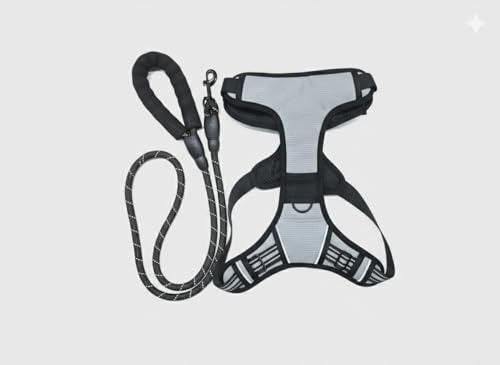 PET&TECH Arnés para Perros con Correa; Antitirones, Ajustable y Ergonómico – Diseño Tipo Silla de Montar – Cómodo, Seguro y con Asa de Control (Gris, XL)