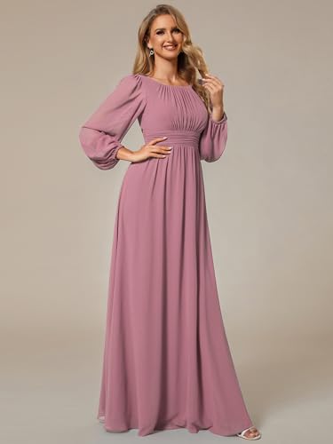 Image of Ever-Pretty Women's Crewneck Long Lantern Sleeves Floor Length A-Line Pleated Chiffon Formal Dress 0106B