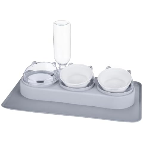 Trosetry Cat Bowl, 3 in 1 Raised Cat Food Bowls 15° Tilted Raised Cat Bowl with Pet Mat Automatic Water Bottle Cat Feeder and Water Dispenser Bowl Triple Cat Bowl for Food and Water(Ceramic Bowls) Cover