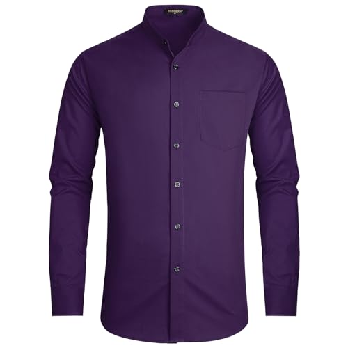 HISDERN Chemise Homme Violet Manches Longues Col Mao Formel Habillée sans Repassage Chemises pour Homme Affaires Mariage M