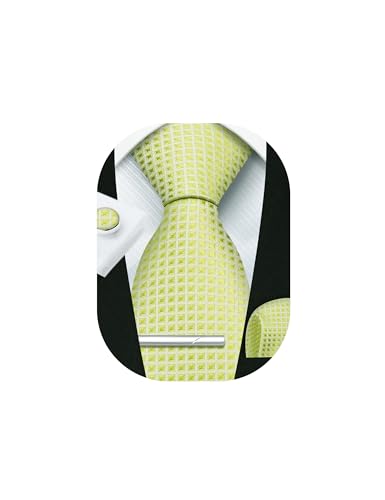 Image of HISDERN Plaid Ties for Men Classic Checkered Tie and Pocket Square Cufflinks Tie Clip Set Woven Men's Necktie Business
