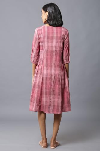 Image of W for Woman Women's Cotton Dark Pink Ikkat Smoking Dress in Round Neck Below The Knee