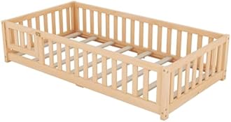 Favfurish Twin Size Wood Floor Bed with Safety Guardrails and Switched Door,Bedroom Furniture for Kids,Boys & Girls,Natural