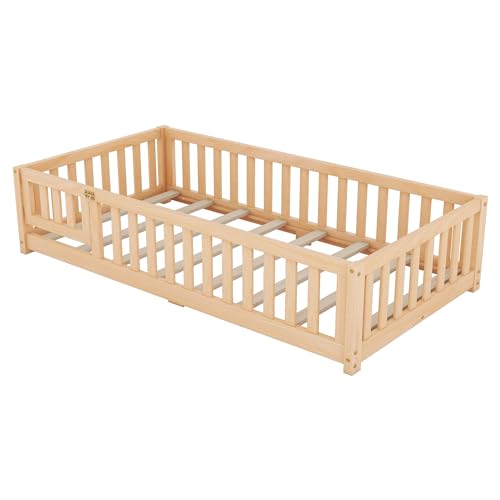 Favfurish Twin Size Wood Floor Bed with Safety Guardrails and Switched Door,Bedroom Furniture for Kids,Boys & Girls,Natural