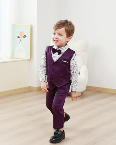 ZOEREA Toddler Boy Suit Formal Wedding Outfits Gentleman Clothes Long Sleeve Shirt + Suspender Pants + Bowtie3