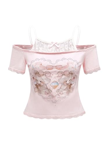 SOLY HUX Women's Y2K Coquette Aesthetic Crop Tops Summer Kawaii Clothes Cute Lace Bow Cold Shoulder Graphic Tees Pink Graphic S