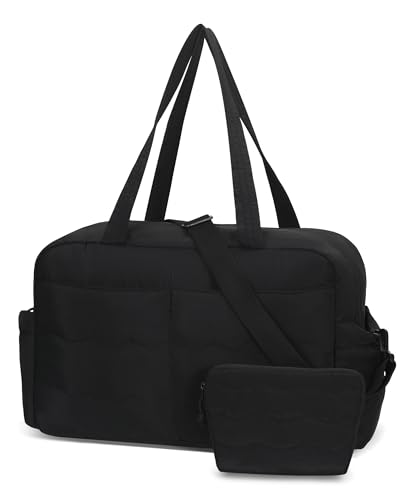 Hynes Eagle Travel Duffel Bag for Women with Toiletry Accessories Pouch Quilted Lightweight Overnight Weekender Carry on Bag with Wet Pocket Large Gym Puffer Tote Bag 31L Black
