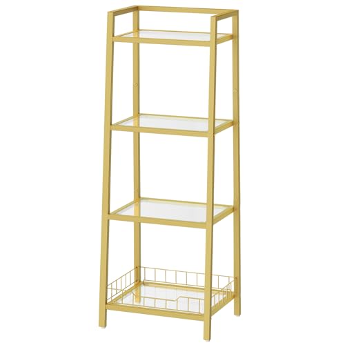 HOOBRO 4-Tier Gold Glass Bookshelf for Bathroom, Bedroom, and Living Room