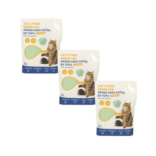 CUOPET Arena para Gatos de Tofu, Té Verde, 100% Natural, Aglomerante,18 litros (Pack 3 Bolsas de 6 litros) (7,35 kg Aprox)