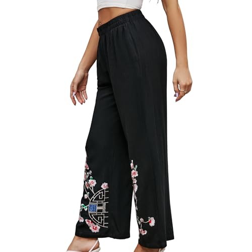 Women's Pants Casual,Floral Embroidered Wide Leg Pants for Women,High Waisted Pants for Women Long Loose Pants.2