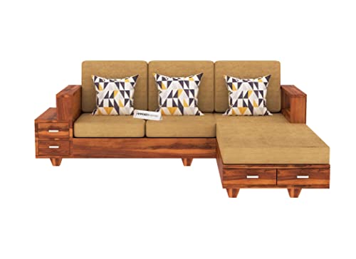 Image of Solid Sheesham Wood L Shape 5 Seater Sofa Set for Living Room, Wooden 5 Seater L Shape Sofa Set with Cushions (L Shape, Honey Finish)