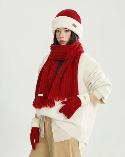 Set de gorro, bufanda y guantes rojos de lana para invierno 6