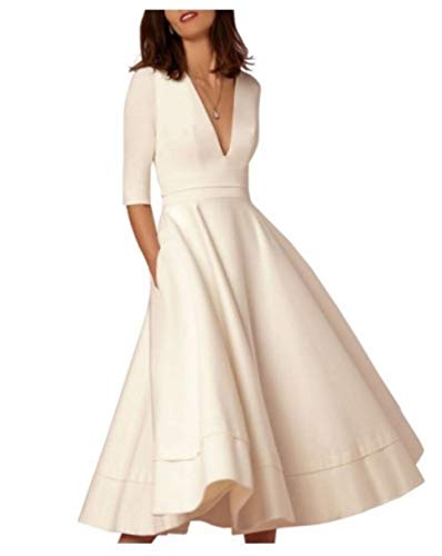 Amazon.com: A-Line Wedding Dresses V Neck Tea Length Satin Half Sleeve  Casual Vintage Little White Dress 1950s,Ivory,US 2 / UK 6 / EU 32 :  Clothing, Shoes & Jewelry