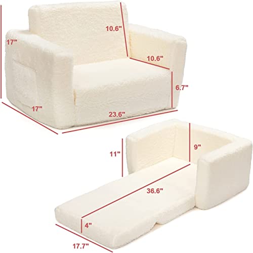 Alimorden 2-In-1 Flip Out Cuddly Sherpa Kids Couch, Convertible Sofa To Lounger, Cream #TOP2