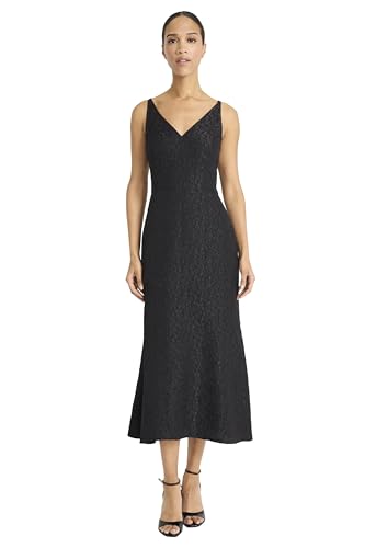Maggy London Women's Fit & Flare V-Neck Tea Length Midi Dress-Textured Jacquard with Adjustable Straps-Cocktail Formal Attire