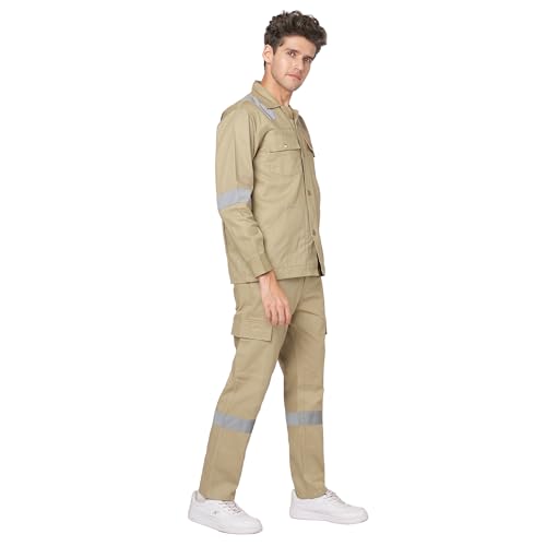 Image of Men's 100% Cotton Industrial Workwear Jacket & Pant Set with Reflective Tape, OEKOTEX, 200 GSM.