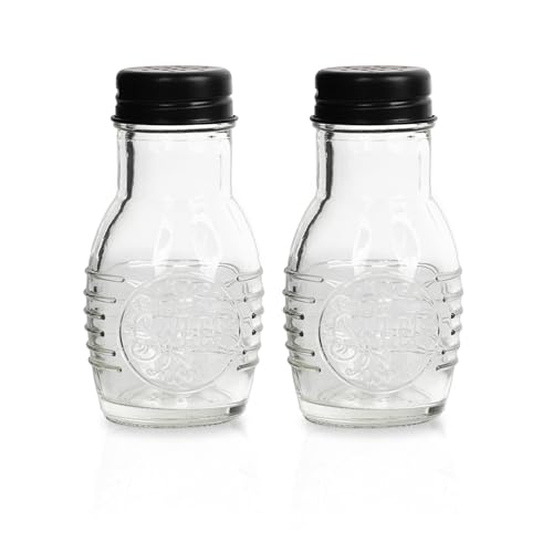 Home Sweet Home Salt and Pepper Shakers, 3 oz Glass Jars, Black Metal Lids, 4' Tall (2)