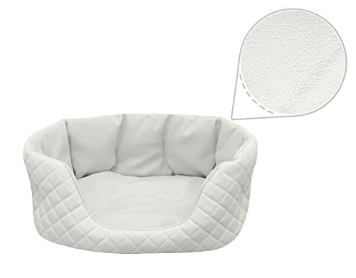 Juelle Hundebett aus Kunstleder gesteppt, Bett für mittlere Hunde, flauschiges Hundekissen, Sofa Queen S-XL (80x60 cm, Weiß)