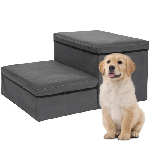 Dog Stairs with Storage 2 Steps Foldable 2-in-1 Pet Stairs Extra Wide Pet Ramp Pet Ladder Pet Steps for Small to Large Dogs Cats, Dark Grey
