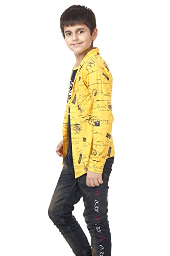 Image of Boys Full Sleeve Cotton Black Printed T-Shirt with Attached Yellow Jacket Shrug Look Smart and Comfortable for Any Casual and Festive Purpose