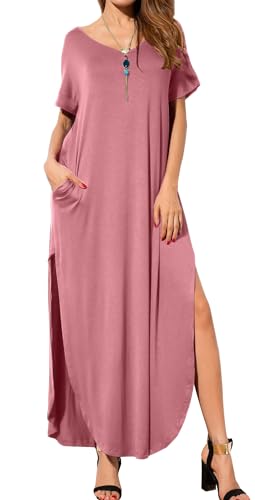 Image of GRECERELLE Women's Summer Maxi Dress Casual Loose V Neck Short Sleeve Side Split Long Dresses with Functional Pockets