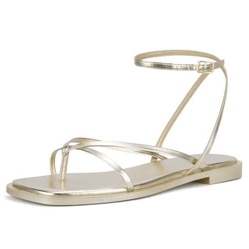 DIFEMA Womens Flats Sandals Square Toe Strappy Ankle Strap Flats, LESLIE-GOLD-8