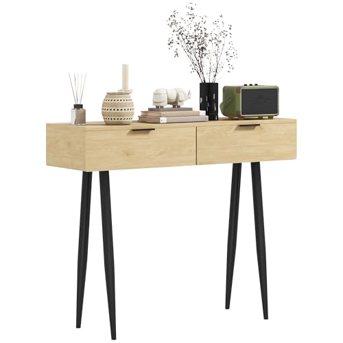 HOMCOM Mesa Consola Mueble para Recibidor con 2 Cajones y Patas de Acero Consola para Recibidor Entrada Pasillo 100x30x80,5 cm Roble