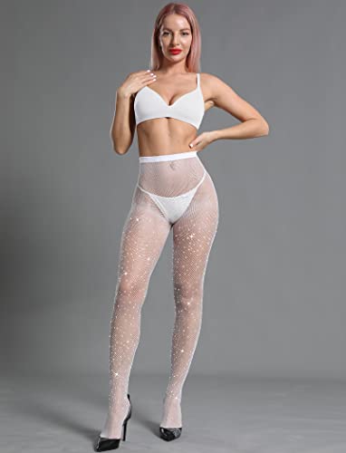 Image of CHRLEISURE Women's Sparkle Rhinestone Fishnets, Sexy Sparkly Glitter Party Concert Outfit Fishnet Stockings