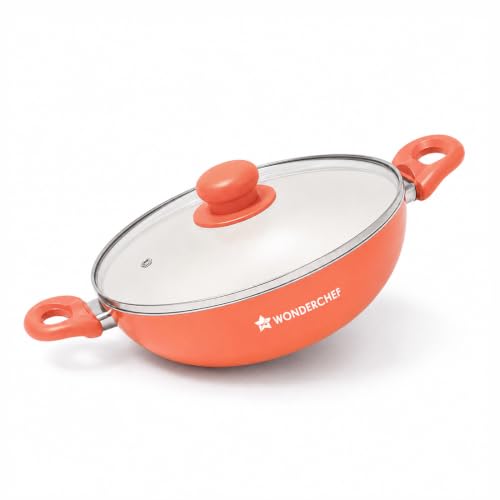 Image of Wonderchef Natura Ceramic Kadhai & Glass Lid for Cooking, 24cm, 2.5L, Non-Toxic Chemical-Free Coating, PFOA /PFAS-Free, for Kitchen, Scratch-Resistant, Gas & Induction Compatible, 2-Yr Warranty, Peach