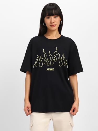 Image of JUNEBERRY Women's Casual Pure Cotton Black Printed Round Neck, Longline Drop Shoulder Loose Oversized T-Shirt |Oversized Tshirt for Women /Girl (Color: Black Available in Various Designs)