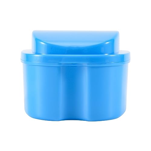 Srutueo Blue Denture Case, Denture Cup with Strainer, Denture Bath Box False Teeth Storage Box with Basket Net Container Holder for Travel