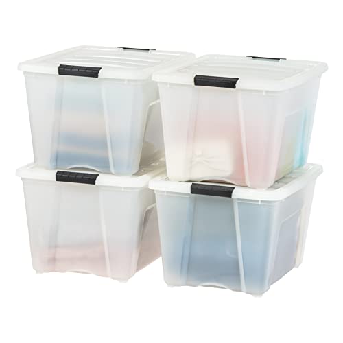 IRIS USA 54 Qt Stackable Plastic Storage Bins with Lids 4 Pack BPA Free Made in USA Discreet Organizing Solution Latches Durable Nestable Containers Secure Pull Handle Pearl