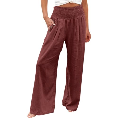 Women Wide Leg Linen Pants Smocked High Waist Stretch Palazzo Pants with Button Pockets Boho Flowy Cotton Beach Pants