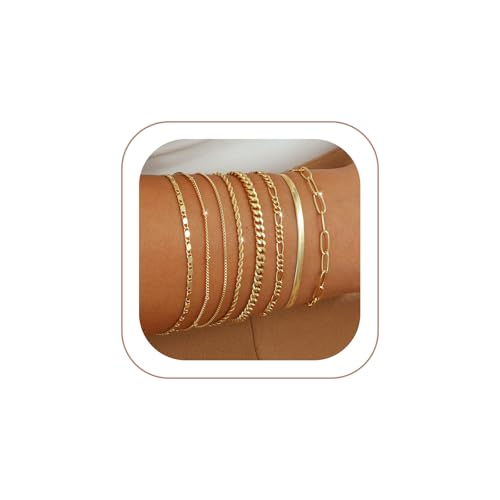 VIROMY Gold Bracelets for Women Waterproof,14K Gold Plated Layered Stackable Bracelet Stack Adjustable Size Jewelry Sets Gifts 8PCS