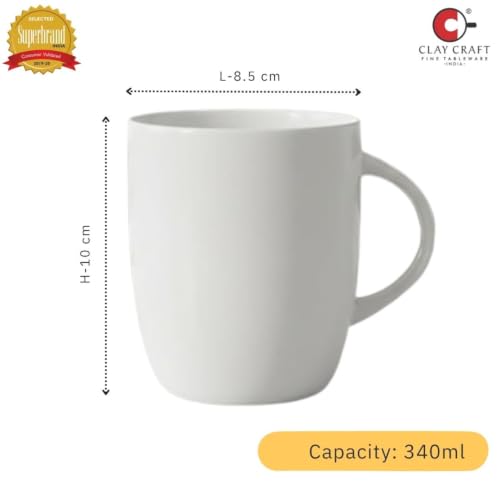 Image of Clay Craft Basics: Single 340ml White Ceramic Mug. Ideal for Coffee, Tea, and Milk. Clean, Minimalist Design for Everyday Home or Office use. Durable.