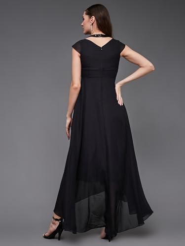 Image of Miss Chase Women's Round Neck Sleeve Embellished Fit Flare Maxi Dress