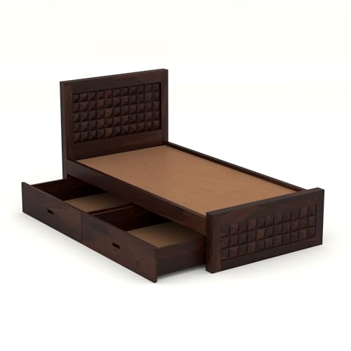 Image of Solid Sheesham Wood Single Size Bed with 2 Drawer Storage Wooden Single Cot Bed for Home Living Room Bedroom Guest Room Hotel (Walnut, Size 6 * 4)