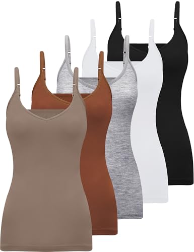 Image of BQTQ 5 Pcs Womens V Neck Camisoles Spaghetti Strap Slim-Fit Undershirts | Adjustable Spaghetti Straps Camisoles, Slim Fit V-Neck Camisoles for Women, Soft Seamless Layering Tops for Everyday Wear