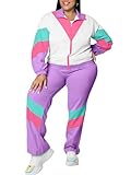 UOUA Plus Size 80s Outfit for Women 90s Costume Long Sleeves Windbreaker 2 Piece Party Tracksuit Purple White 4XL
