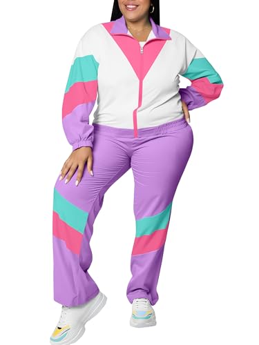 UOUA Plus Size 80s Outfit for Women 90s Costume Long Sleeves Windbreaker 2 Piece Party Tracksuit Purple White 4XL