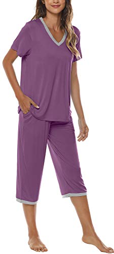 JINSHI Night Sweats Pajamas Women's Short Sleeve with Strech Cooling Pj Bottoms Comfy Pj Sets for Wife Purple X-Large