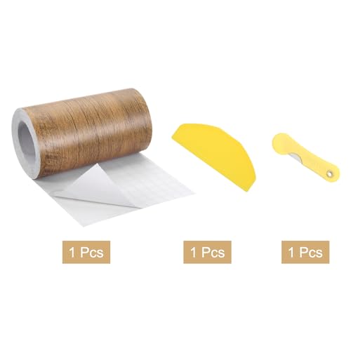 Image of uxcell 1 Roll Wood Grain Tape, 4.72 inch x33 Ft Realistic Textured Repair Tape Self Adhesive Wood Textured Patch with Tool for Floor Wall Door Table Cabinets Furniture Home Decor(Coffee Color)