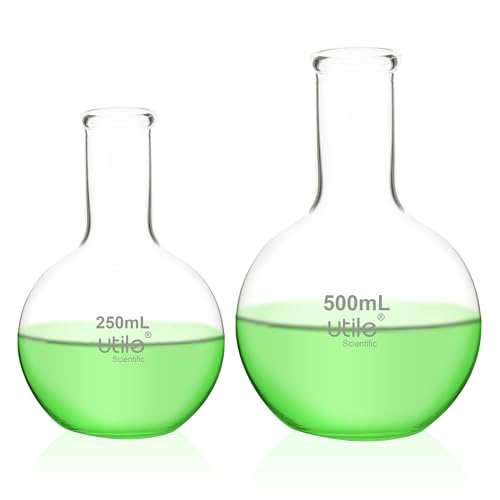 Utile 2pcs of Flat Bottom Flasks, 250ml 500ml Narrow Mouth Glass Flasks,Lab Boiling Flasks with Printed Graduation for Lab Science 4012.9014.1