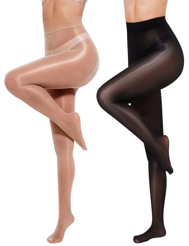 Becellen 2 Paare Strumpfhosen Damen, 8 DEN Shape Öl Glänzend Feinstrumpfhose Hautfarbe Reißfest Stützstrumpfhose Grosse Grössen Nahtlose Bauchweg Strumpfhose Schwarz Sexy Pantyhose