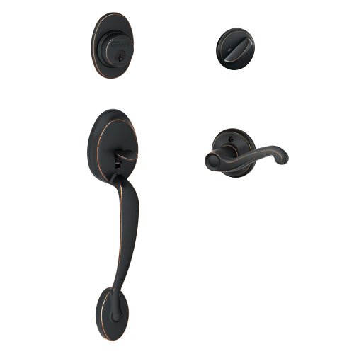Image of SCHLAGE Plymouth Single Cylinder Handleset and Right Hand Flair Lever, Aged Bronze (F60 PLY 716 FLA RH)