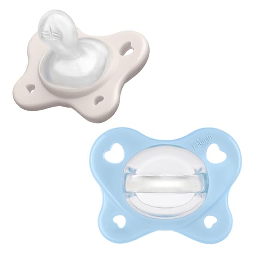 Chicco PhysioForma Dual Soft Orthodontic Pacifier for Babies 2-6 Months 100% Soft Silicone Supports Breathing One-Piece Design Included Sterilizing Case BPA Free 2-Pack Pearl/Sky